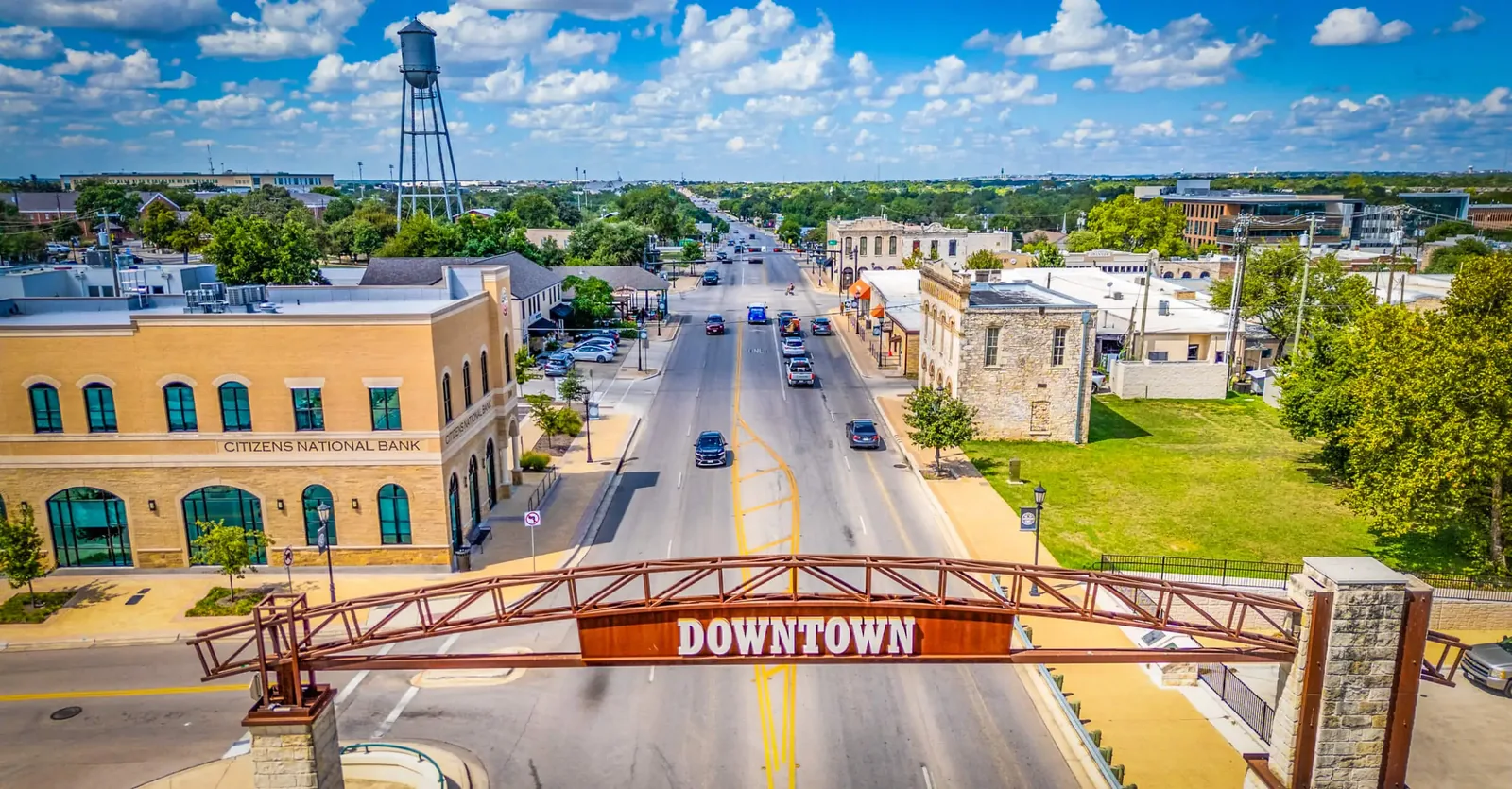 Aerial view of the downtown Round Rock TX gateway sign near Contour & Sculpt Aesthetics, the local expert for natural botox in Round Rock TX